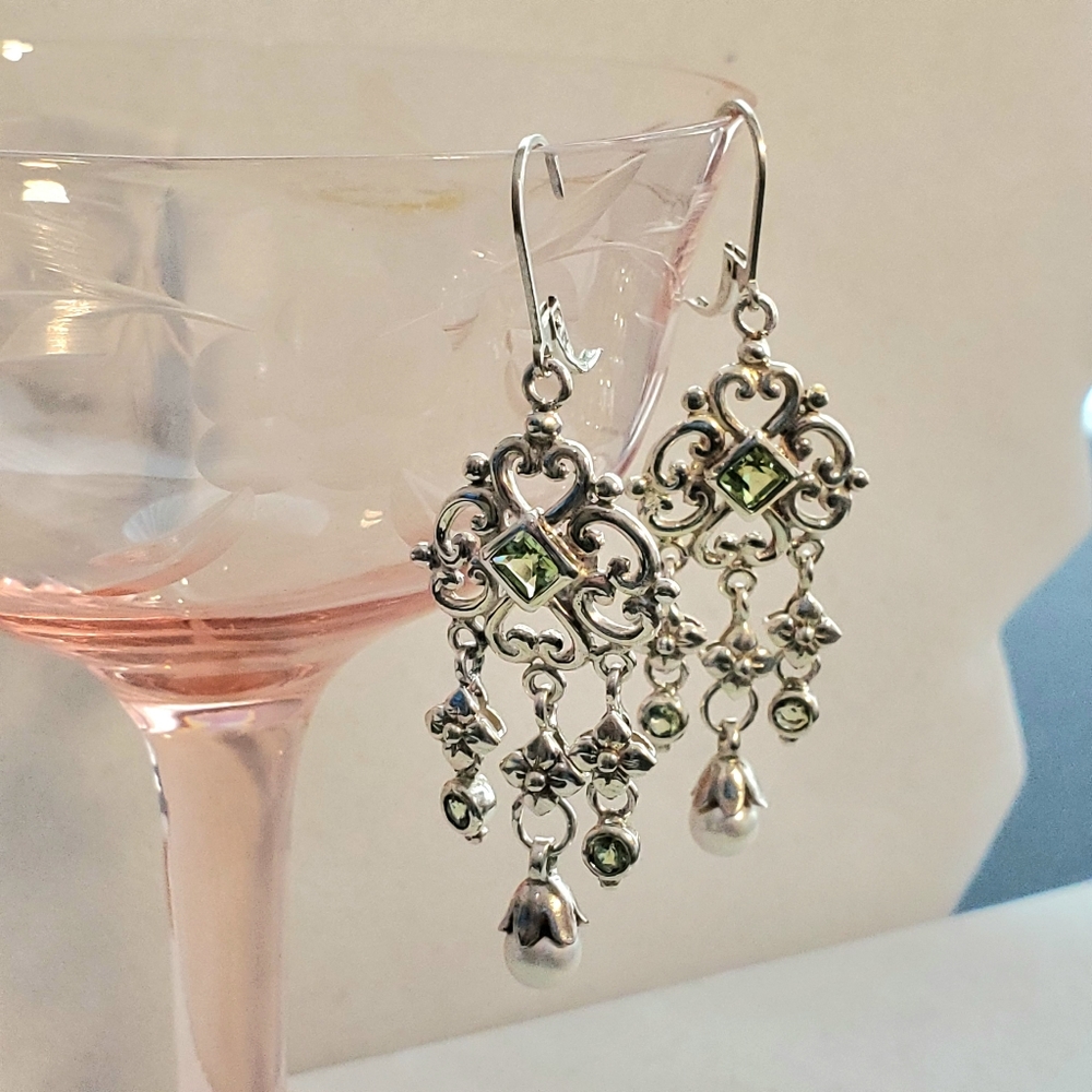 Sterling Silver Chandelier Earrings with Peridots and Pearls - Picture 11 of 16
